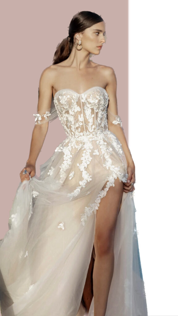Gabby Bridal Gown Corset top featuring slit